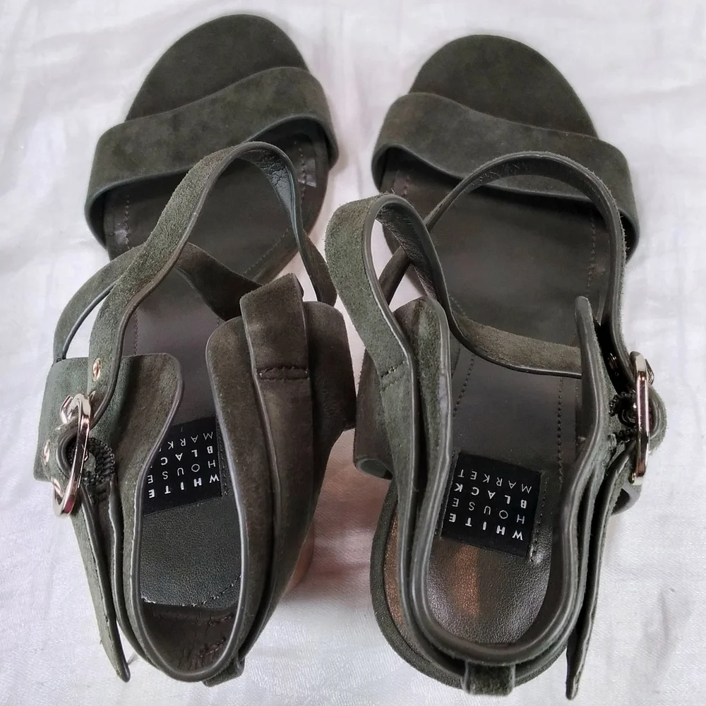 White House Black Market Marlo Olive Suede SANDALS Womens Size 6.5M Chunky Heels - Picture 6 of 12